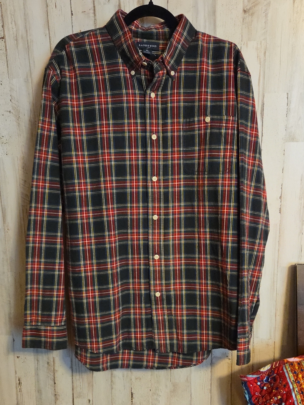 Lands' End Men's Red, Green & Yellow Plaid Button-Down Shirt